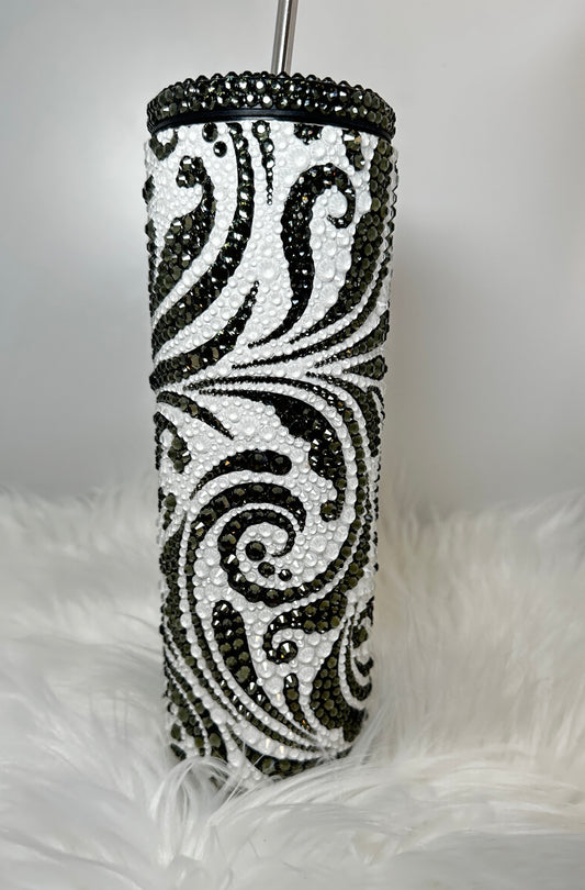 Swirling Black and White Rhinestoned Tumbler * Ships Out Immediately * Free Shipping *