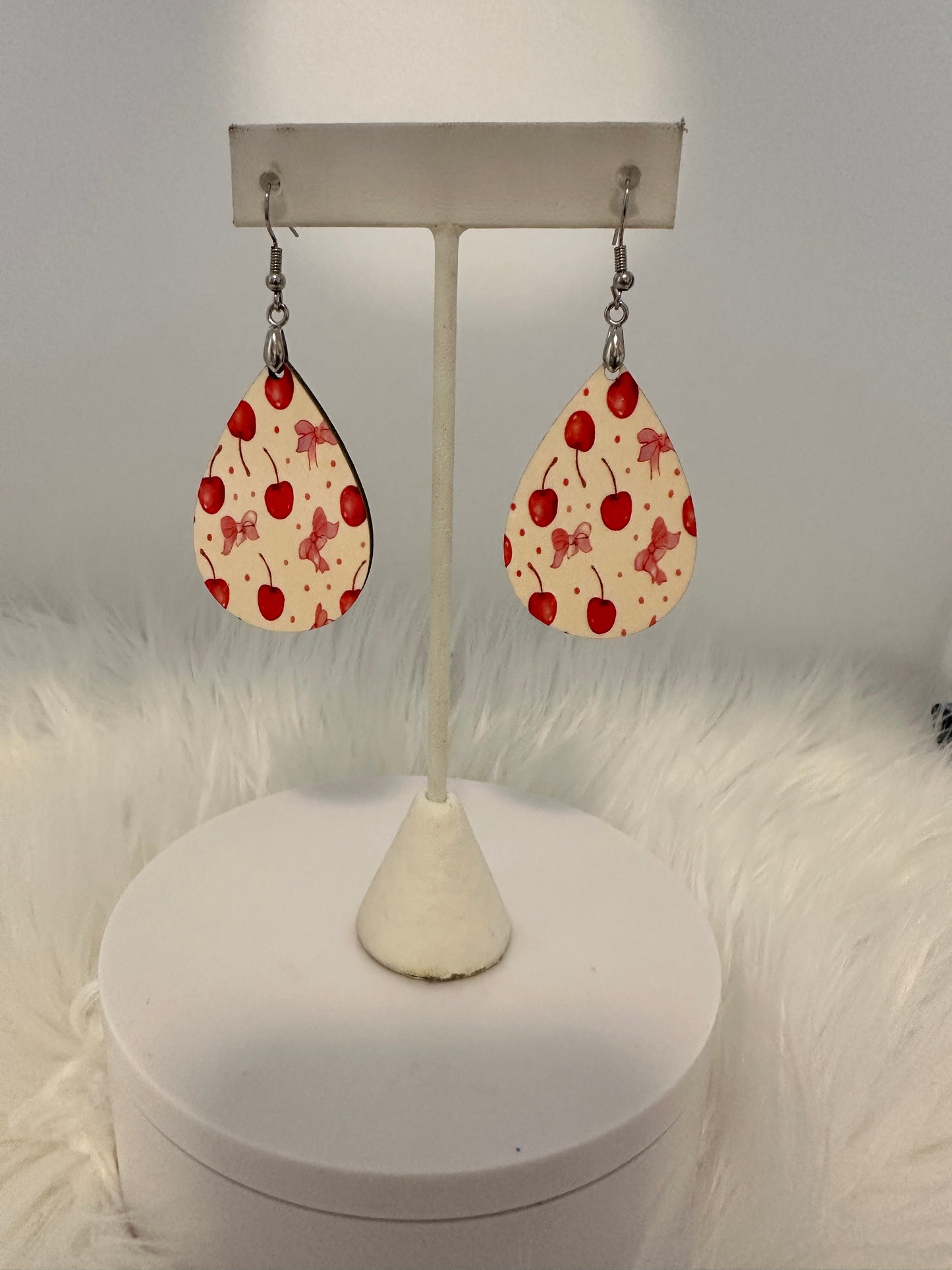 Cherries and Coquette Bows Design Tear Drop Earrings * Free Shipping * Ready to Ship Immediately